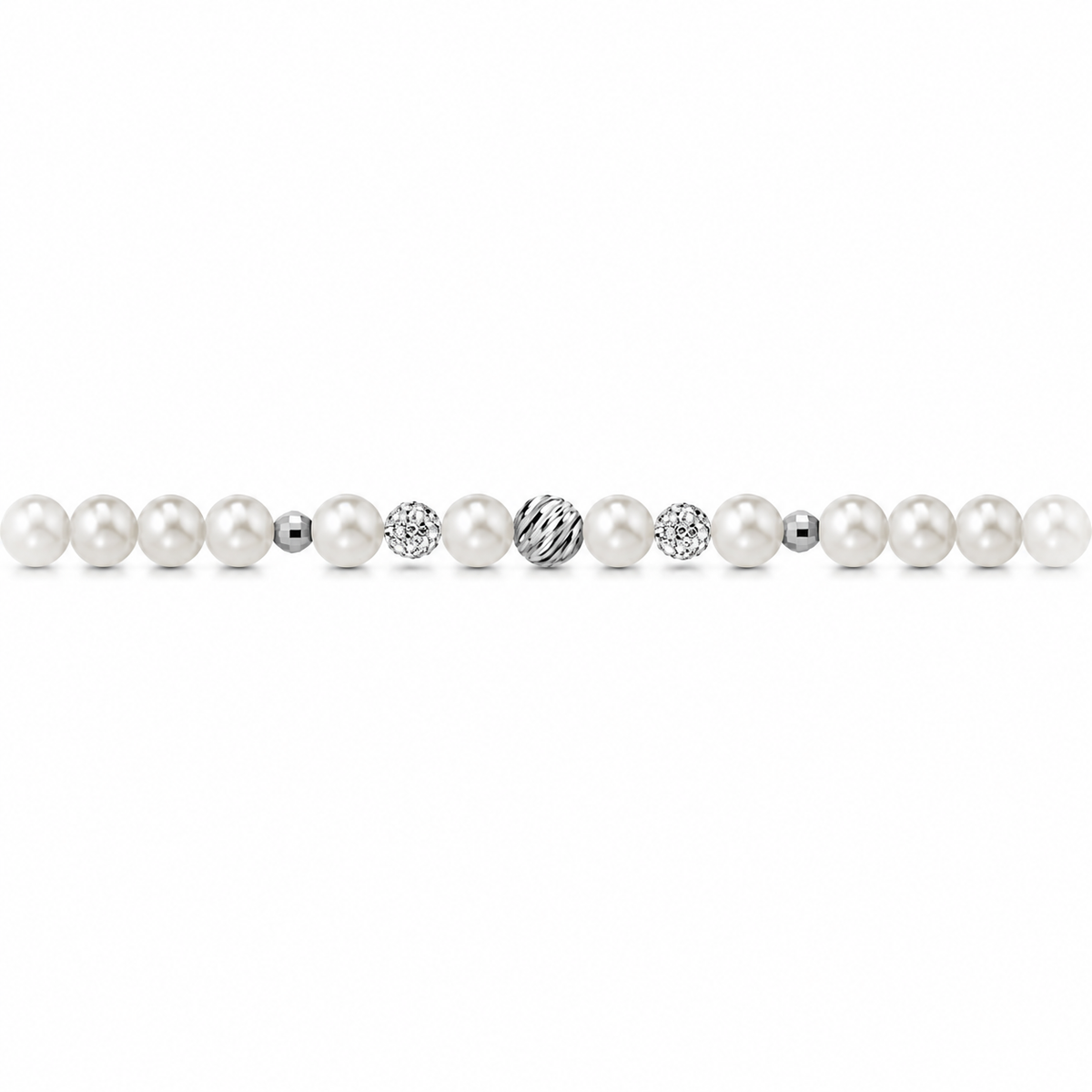 Bracciale di Perle con Sfere Rigate e Zirconi in Oro Bianco 18kt