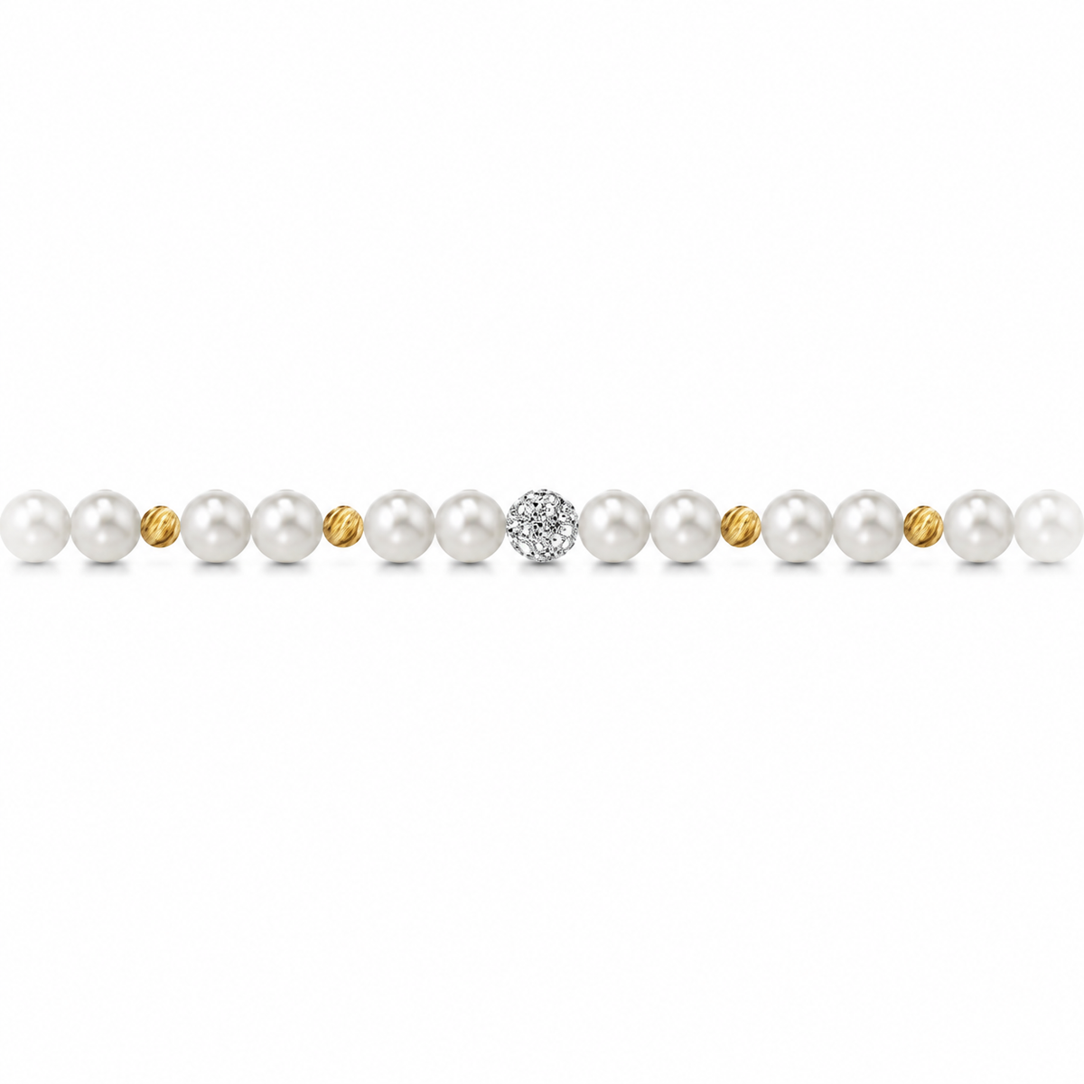 Bracciale di Perle con Sfere Rigate e Zirconi in Oro Giallo 18kt