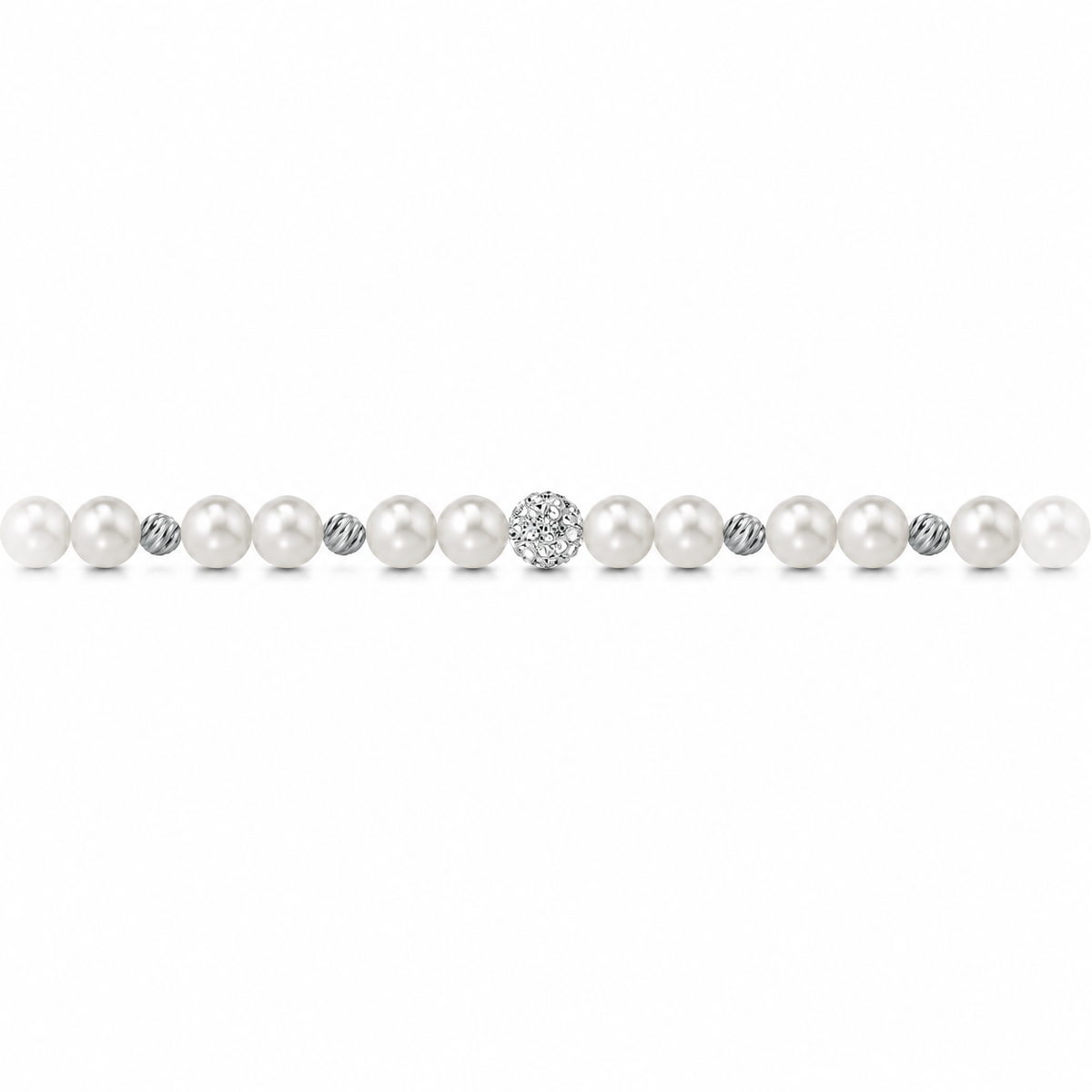 Bracciale di Perle con Sfere Rigate e Zirconi in Oro Bianco 18kt