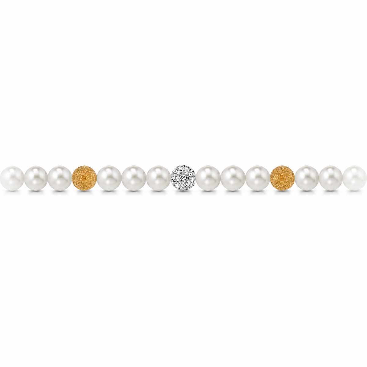 Bracciale di Perle con Sfere Satinate e Zirconi in Oro Giallo 18kt