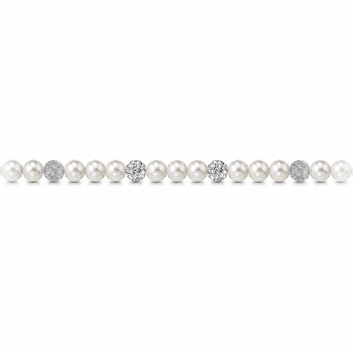 Bracciale di Perle con Sfere Satinate e Zirconi in Oro Bianco 18kt