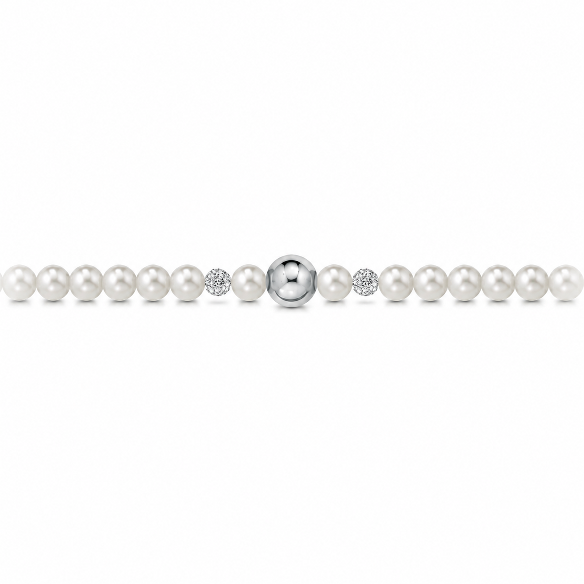 Collana di Perle con Sfere Lucide e Zirconi in Oro Bianco 18kt