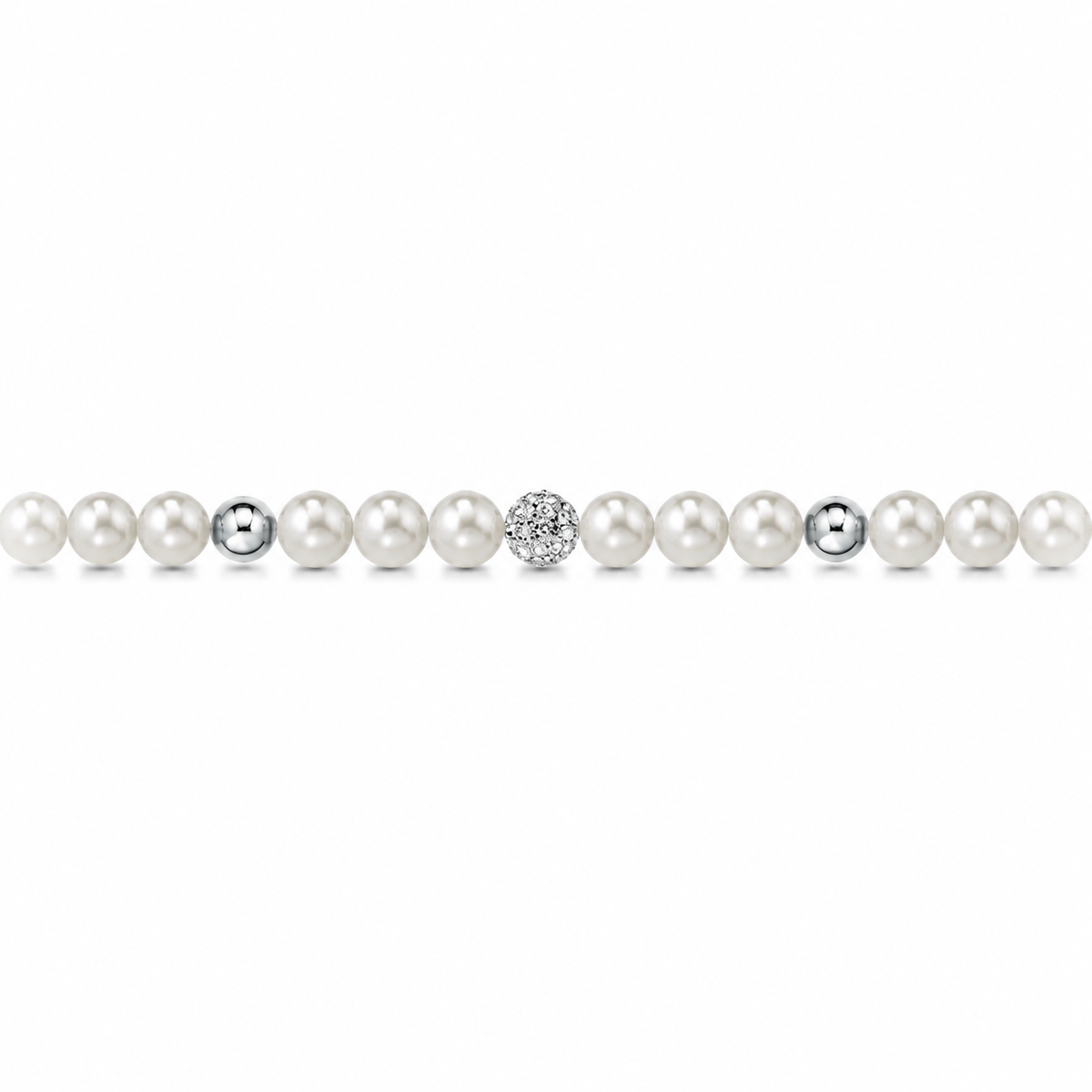 Collana di Perle con Sfere Lucide e Zirconi in Oro Bianco 18kt