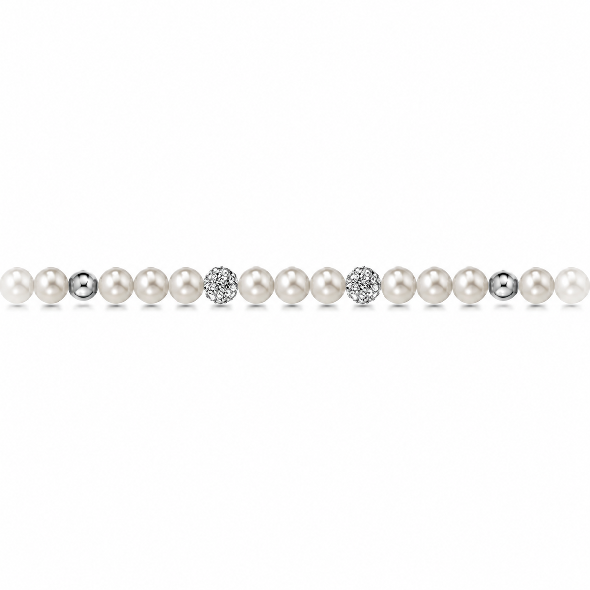 Collana di Perle con Sfere Lucide e Zirconi in Oro Bianco 18kt