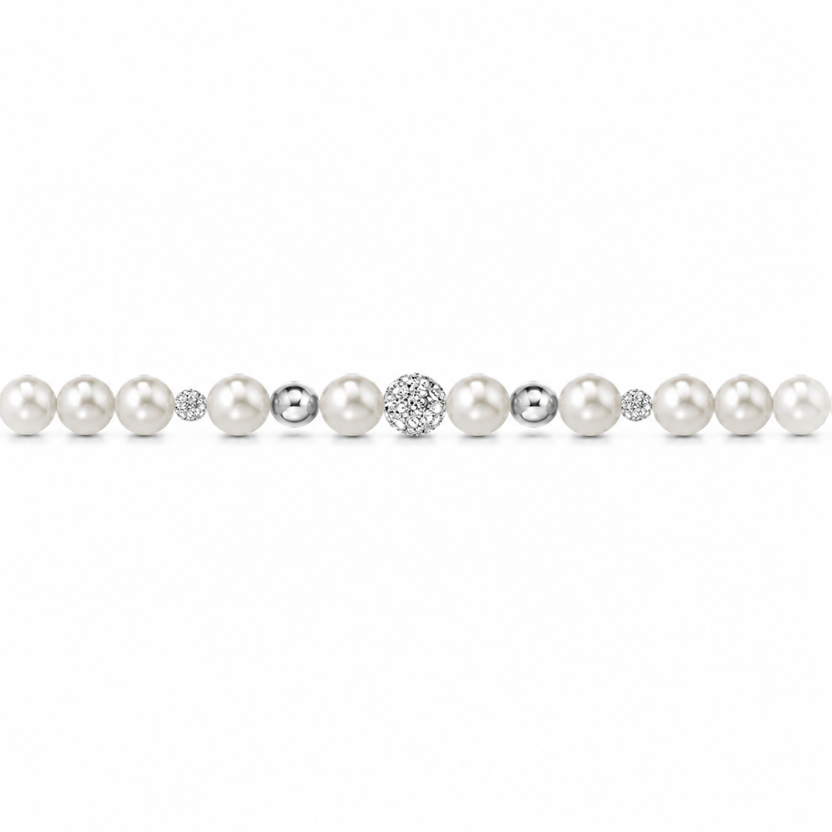Collana di Perle con Sfere Lucide e Zirconi in Oro Bianco 18kt