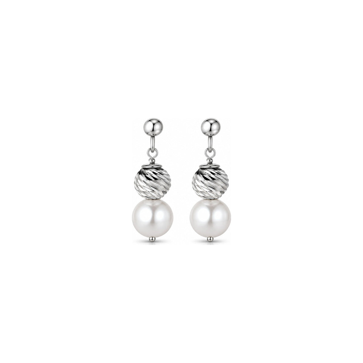 Orecchini di Perle con Sfere Rigate in Oro Bianco 18kt