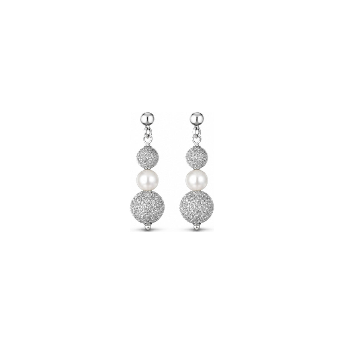 Orecchini di Perle con Sfere Satinate in Oro Bianco 18kt