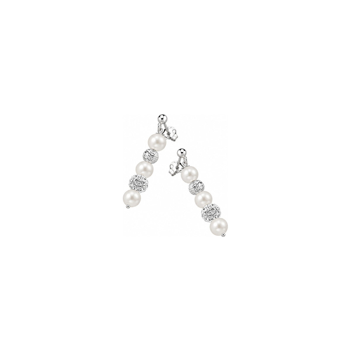 Orecchini di Perle con Sfere Sfaccettate e Diamanti in Oro Bianco 18kt