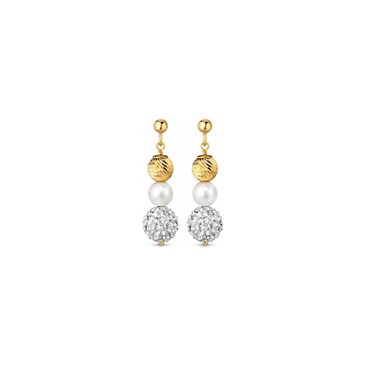 Orecchini di Perle con Sfere Rigate e Diamanti in Oro Giallo 18kt