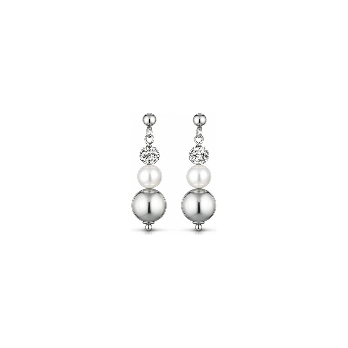Orecchini di Perle con Sfere Lucide e Diamanti in Oro Bianco 18kt