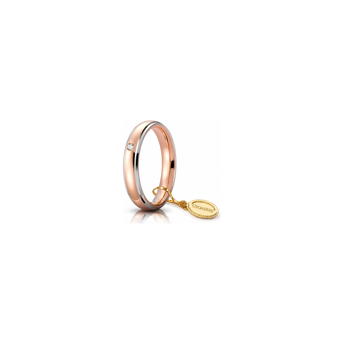 Fede Nuziale Comoda Bordi Rodiati in Oro Rosa 18 Carati Unoaerre - 4 mm con Diamante ct 0,03