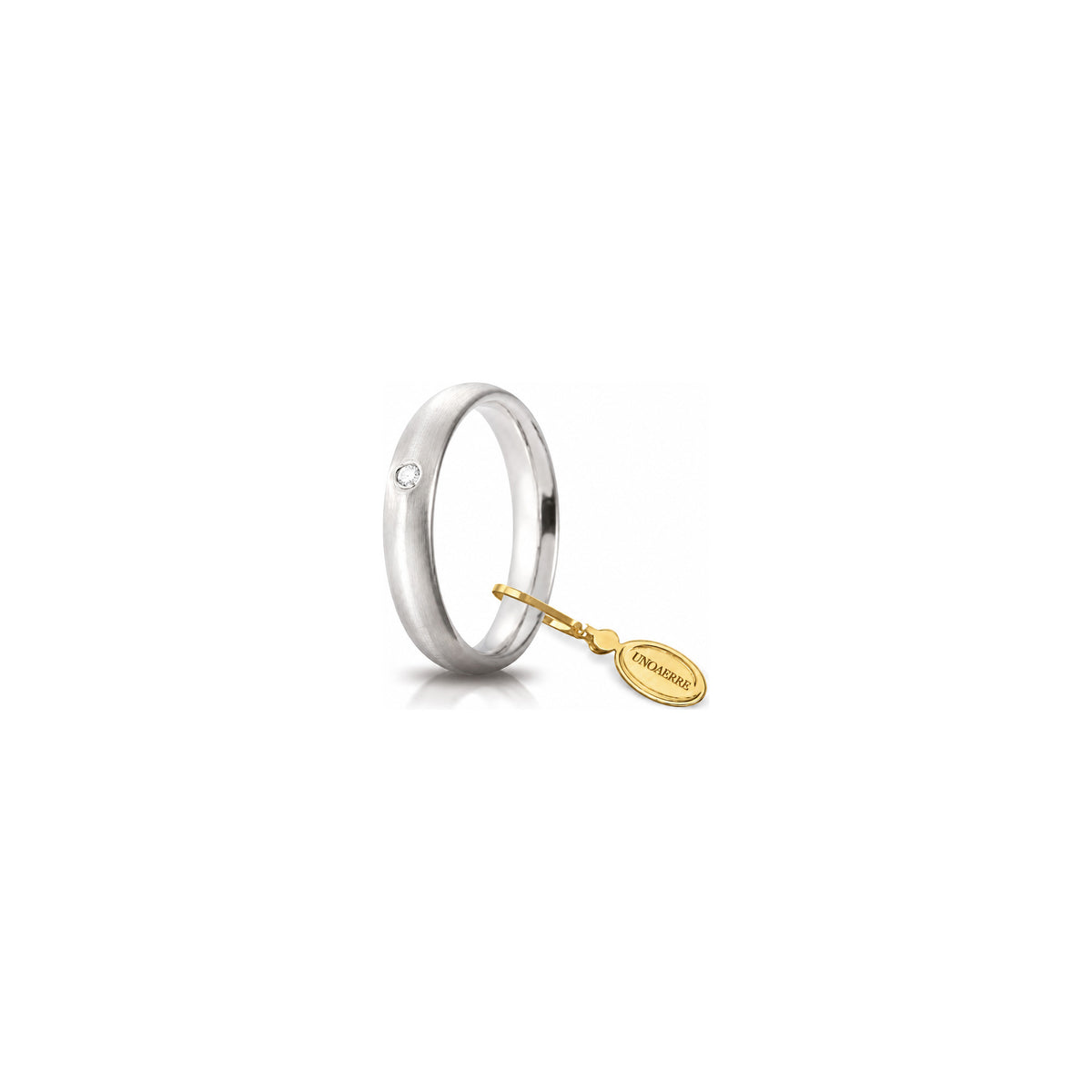 Fede Nuziale Comoda Satinata in Oro Bianco 18 Carati Unoaerre - 4 mm con Diamante ct 0,03